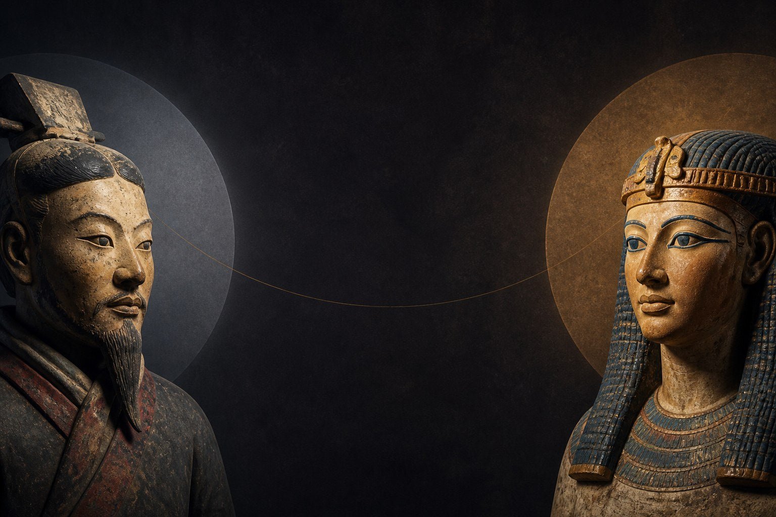 A Chinese terracotta figure and an Egyptian sarcophagus face each other, joined by a single gold thread
